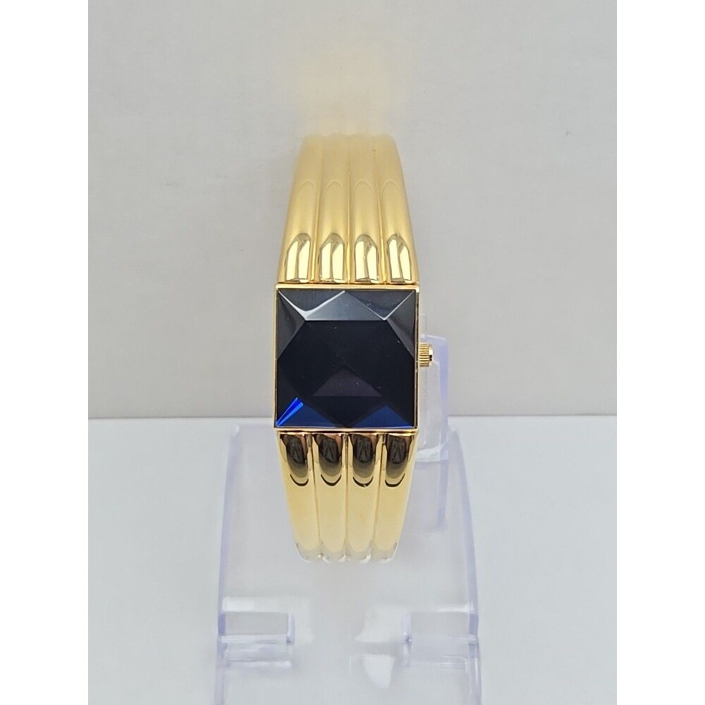 Vintage Gruen GR7425 Gold Tone Blue Faceted Hidden Dial Cuff Watch New Battery